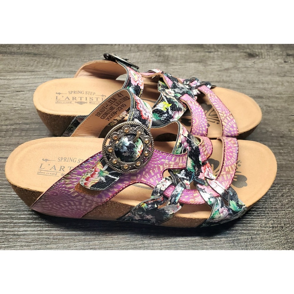 L'Artiste by Spring Step Brady Wedge Sandals Womens 41 Pink Floral Leather EUC